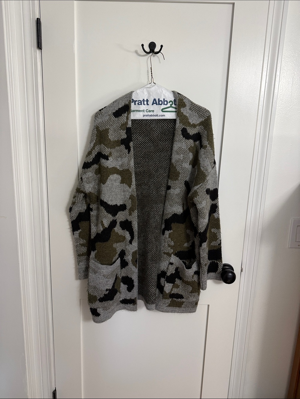 Anthropologie Open-Front Camo Cardigan in Olive, Gray, and Black